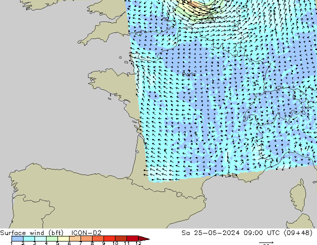 Surface wind (bft) ICON-D2 Sa 25.05.2024 09 UTC