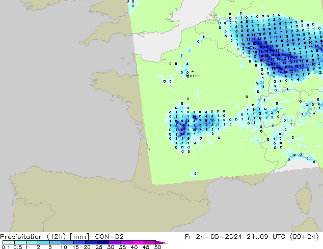 Yağış (12h) ICON-D2 Cu 24.05.2024 09 UTC