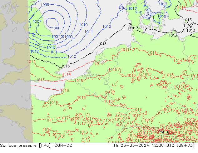 地面气压 ICON-D2 星期四 23.05.2024 12 UTC