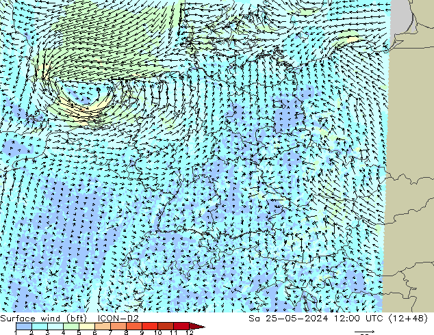 Surface wind (bft) ICON-D2 Sa 25.05.2024 12 UTC