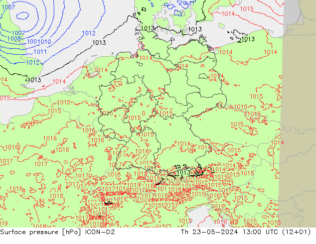 地面气压 ICON-D2 星期四 23.05.2024 13 UTC