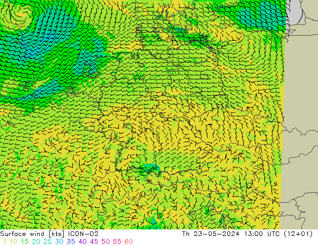 风 10 米 ICON-D2 星期四 23.05.2024 13 UTC
