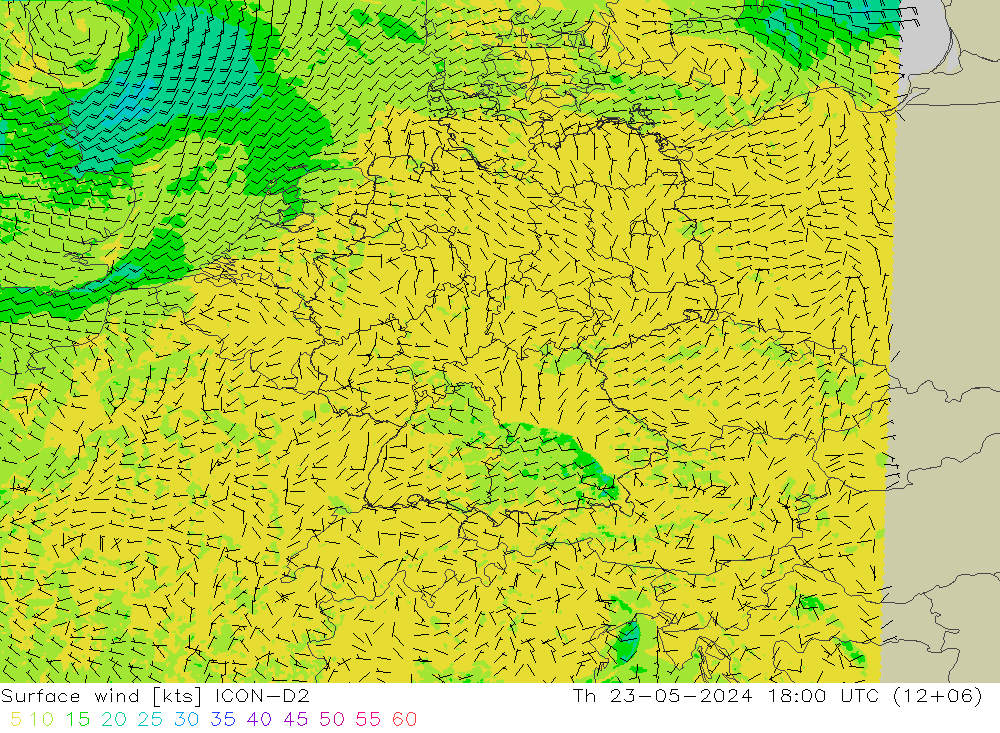 风 10 米 ICON-D2 星期四 23.05.2024 18 UTC