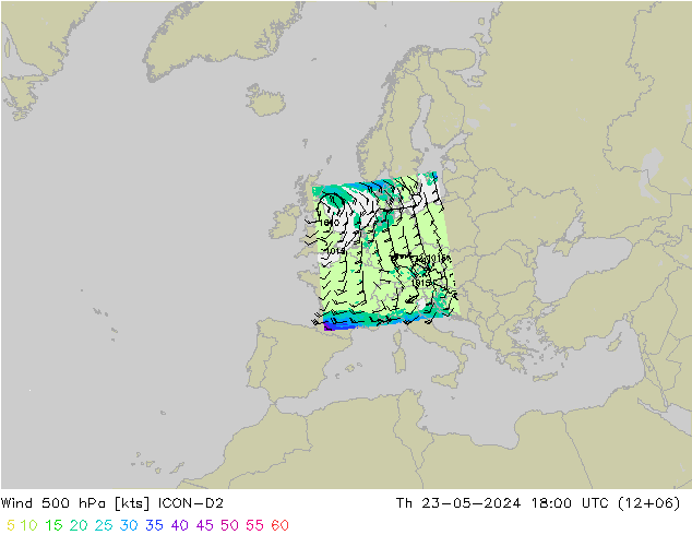 风 500 hPa ICON-D2 星期四 23.05.2024 18 UTC