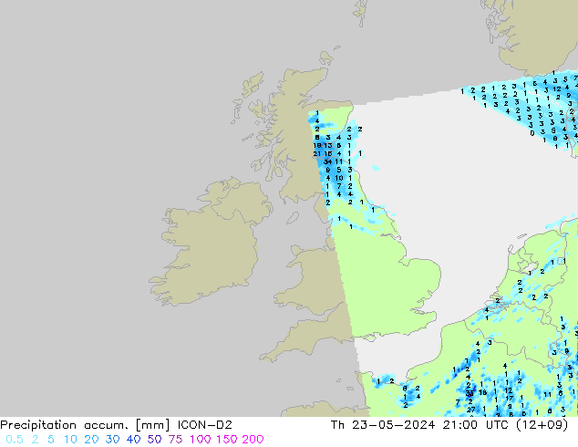 Totale neerslag ICON-D2 do 23.05.2024 21 UTC