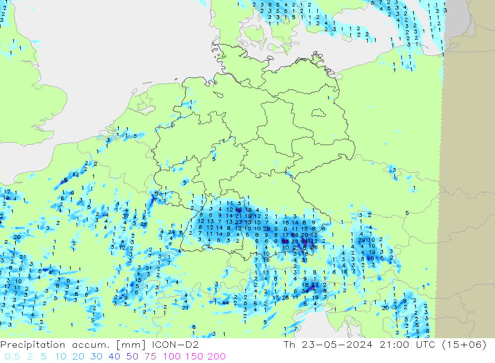 Precipitation accum. ICON-D2 Th 23.05.2024 21 UTC