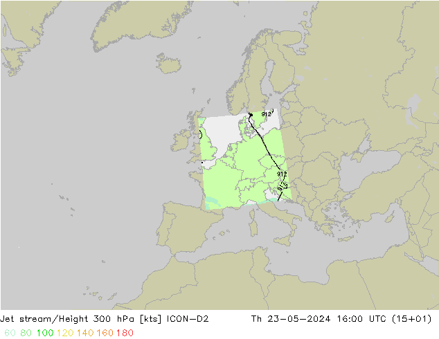 Corriente en chorro ICON-D2 jue 23.05.2024 16 UTC