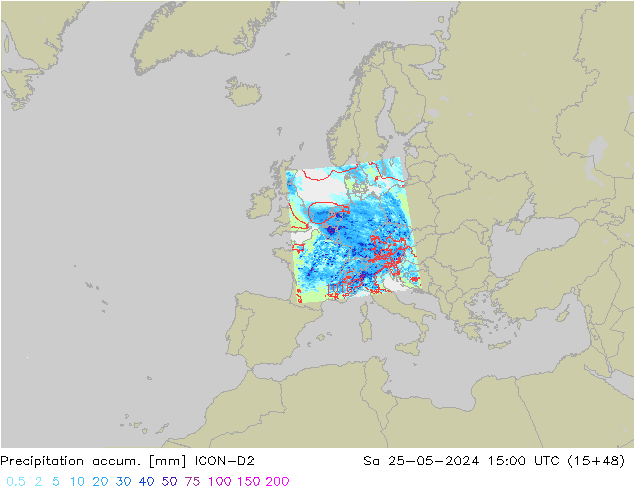 Precipitation accum. ICON-D2 сб 25.05.2024 15 UTC