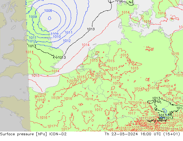 Presión superficial ICON-D2 jue 23.05.2024 16 UTC