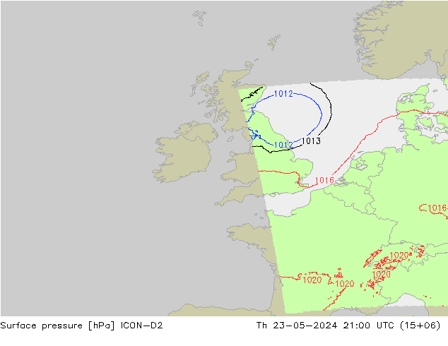 Pressione al suolo ICON-D2 gio 23.05.2024 21 UTC