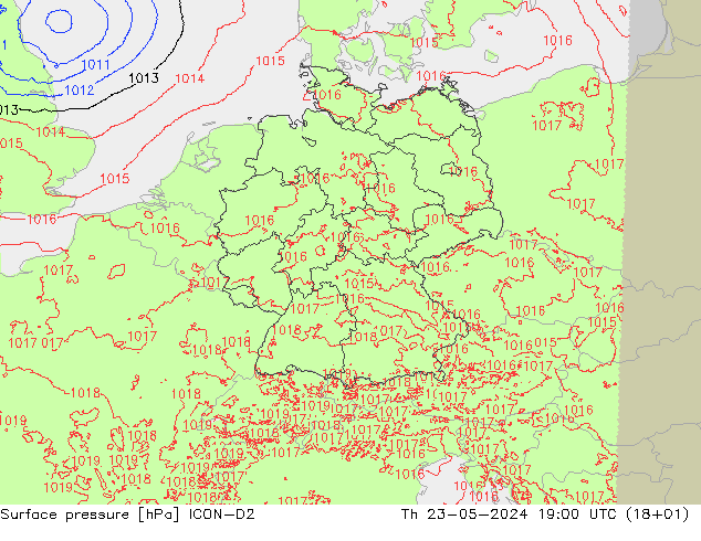 地面气压 ICON-D2 星期四 23.05.2024 19 UTC