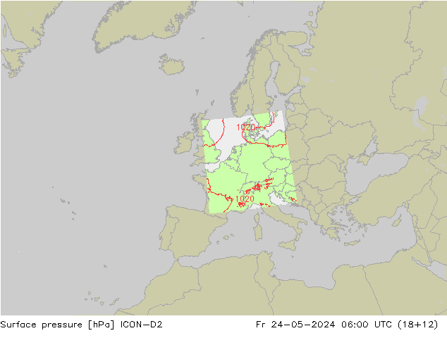 Pressione al suolo ICON-D2 ven 24.05.2024 06 UTC