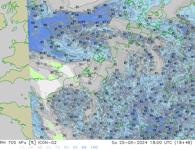 Humidité rel. 700 hPa ICON-D2 sam 25.05.2024 18 UTC