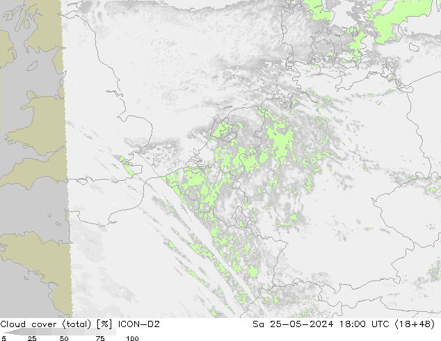 Cloud cover (total) ICON-D2 Sa 25.05.2024 18 UTC