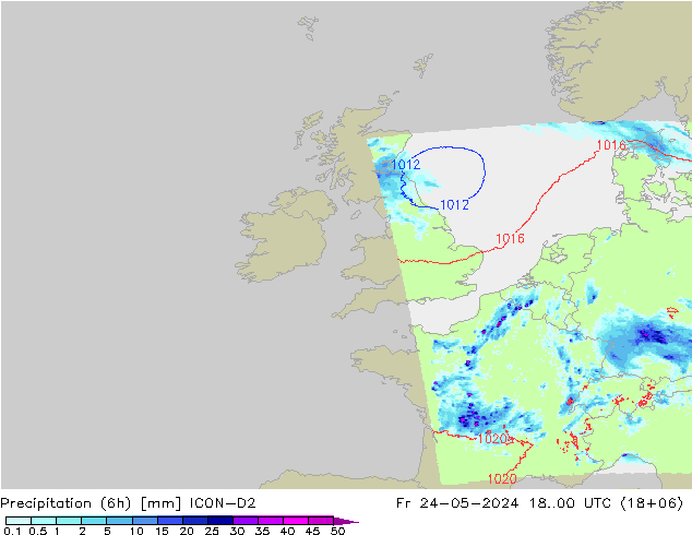 Totale neerslag (6h) ICON-D2 vr 24.05.2024 00 UTC