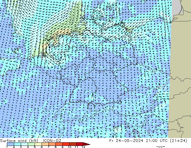 Surface wind (bft) ICON-D2 Pá 24.05.2024 21 UTC