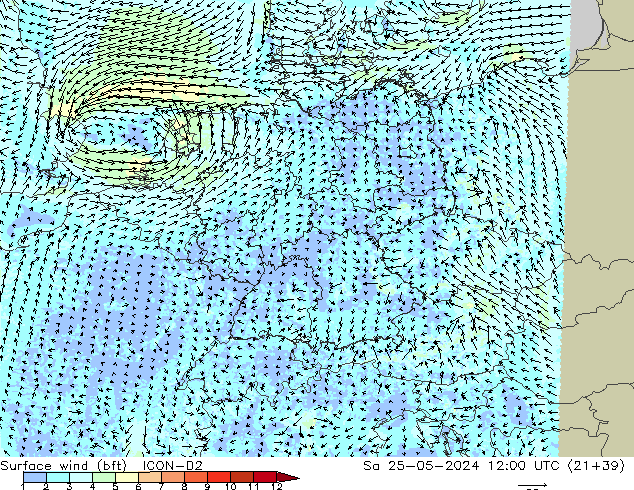 ве�Bе�@ 10 m (bft) ICON-D2 сб 25.05.2024 12 UTC