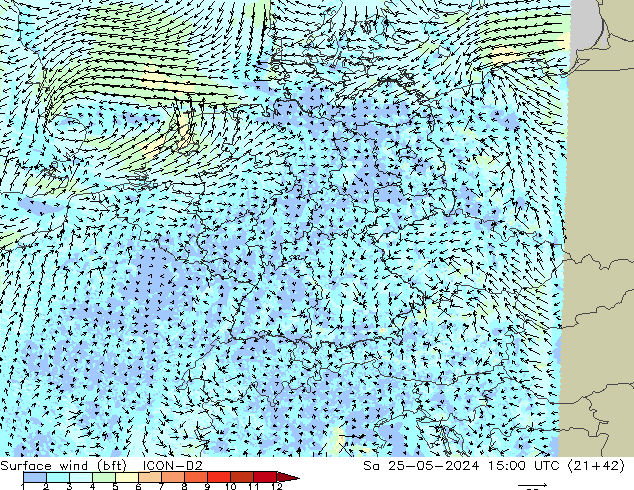 Viento 10 m (bft) ICON-D2 sáb 25.05.2024 15 UTC