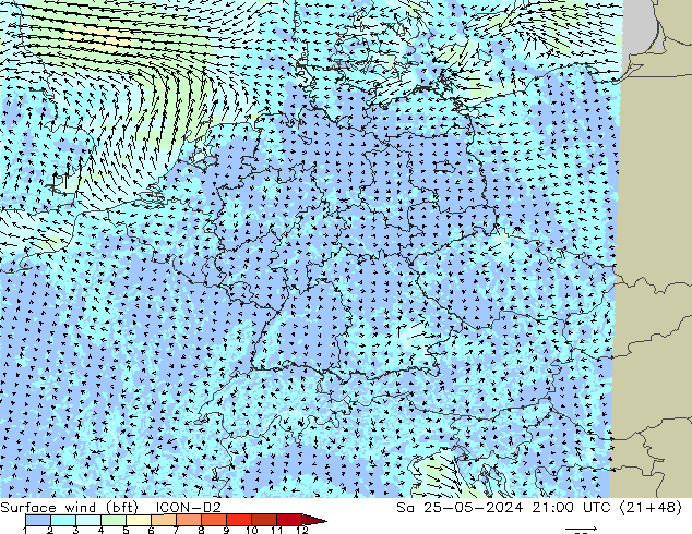 Vento 10 m (bft) ICON-D2 Sáb 25.05.2024 21 UTC