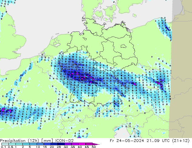 降水量 (12h) ICON-D2 星期五 24.05.2024 09 UTC