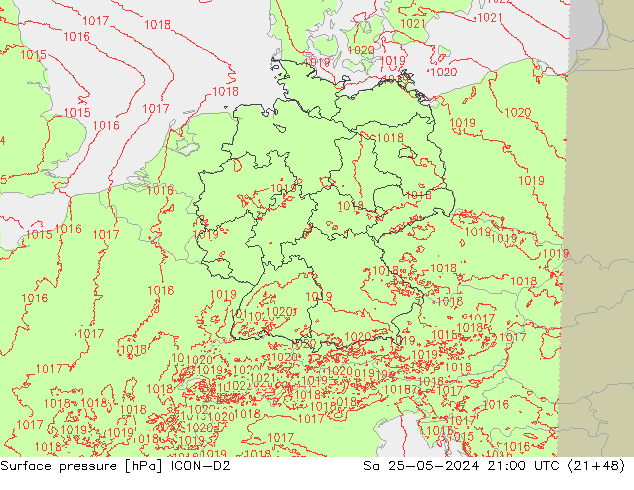 Pressione al suolo ICON-D2 sab 25.05.2024 21 UTC