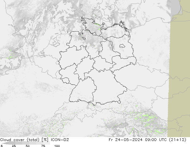 Cloud cover (total) ICON-D2 Fr 24.05.2024 09 UTC