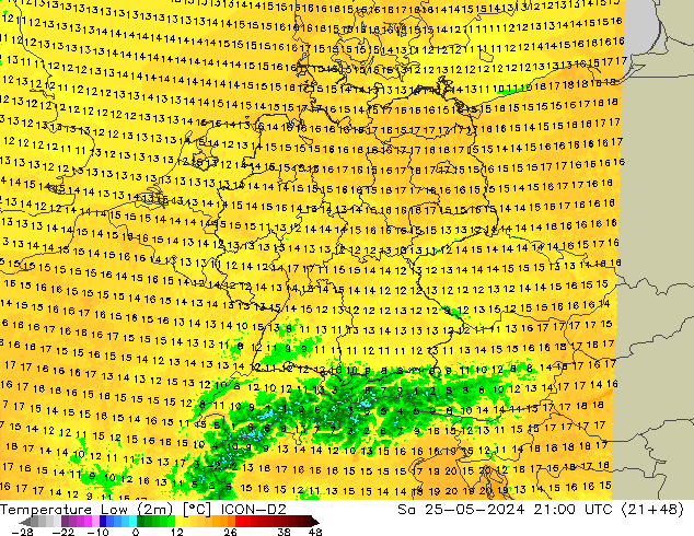 Tiefstwerte (2m) ICON-D2 Sa 25.05.2024 21 UTC
