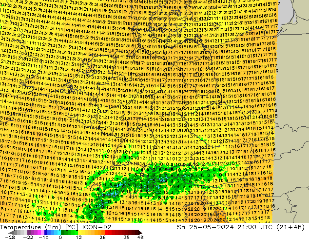 Temperature (2m) ICON-D2 Sa 25.05.2024 21 UTC