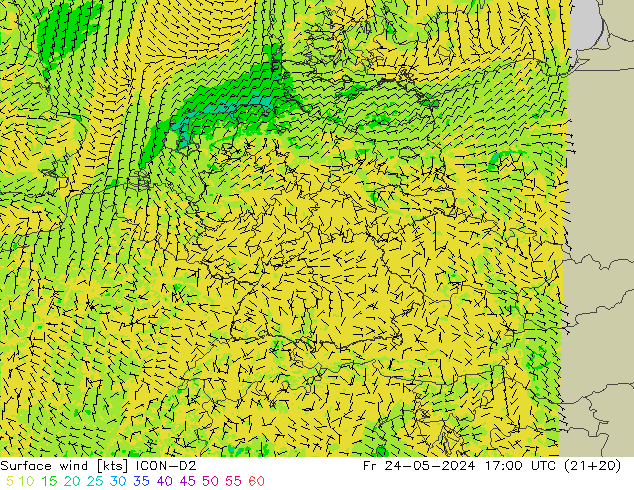 wiatr 10 m ICON-D2 pt. 24.05.2024 17 UTC