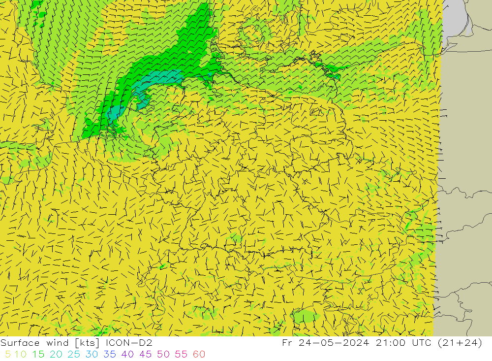 Wind 10 m ICON-D2 vr 24.05.2024 21 UTC