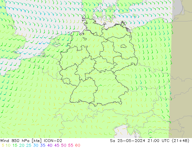 Viento 850 hPa ICON-D2 sáb 25.05.2024 21 UTC