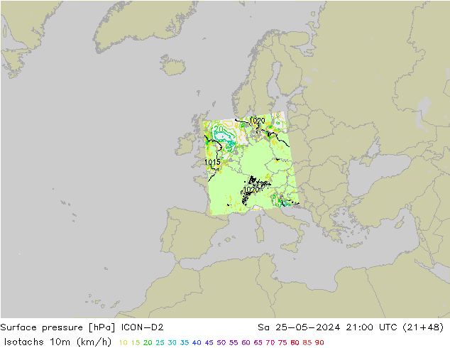 Isotachen (km/h) ICON-D2 za 25.05.2024 21 UTC