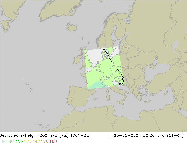 Corriente en chorro ICON-D2 jue 23.05.2024 22 UTC