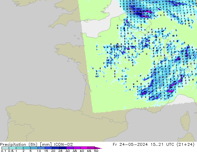 Precipitation (6h) ICON-D2 Fr 24.05.2024 21 UTC