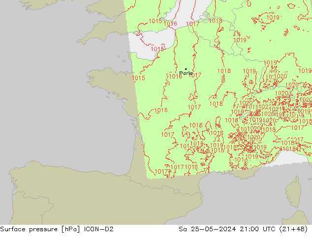 Surface pressure ICON-D2 Sa 25.05.2024 21 UTC