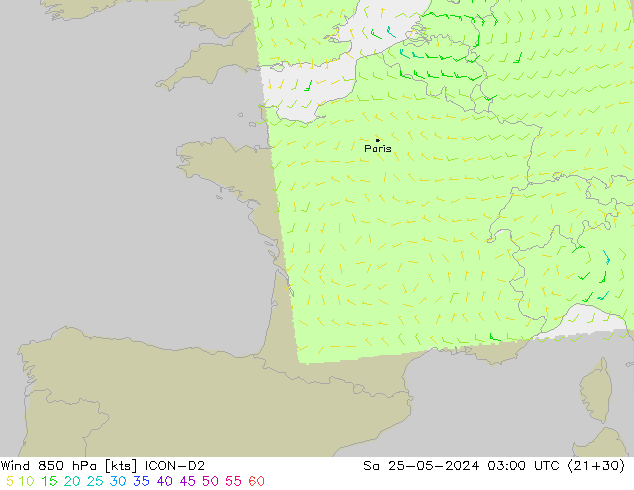 Wind 850 hPa ICON-D2 za 25.05.2024 03 UTC