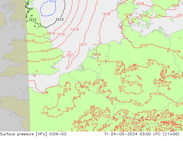 Presión superficial ICON-D2 vie 24.05.2024 03 UTC