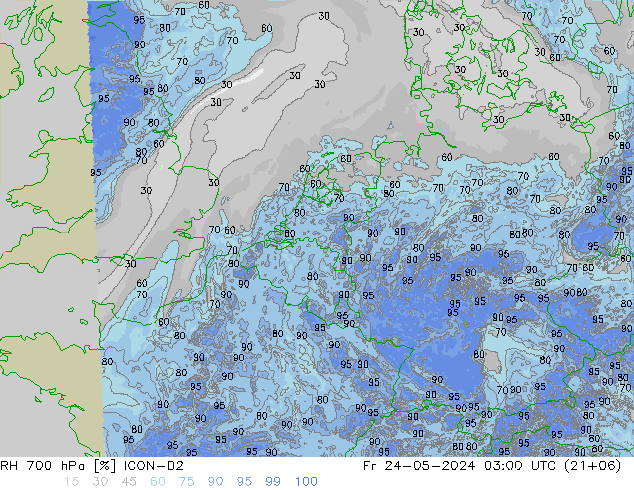 Humedad rel. 700hPa ICON-D2 vie 24.05.2024 03 UTC