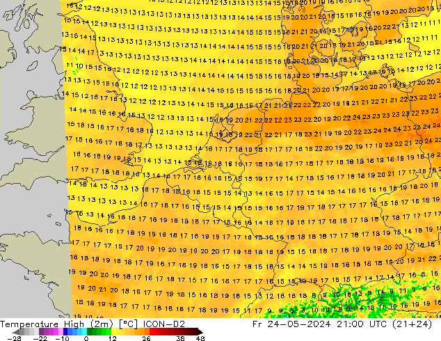 Temperatura máx. (2m) ICON-D2 vie 24.05.2024 21 UTC