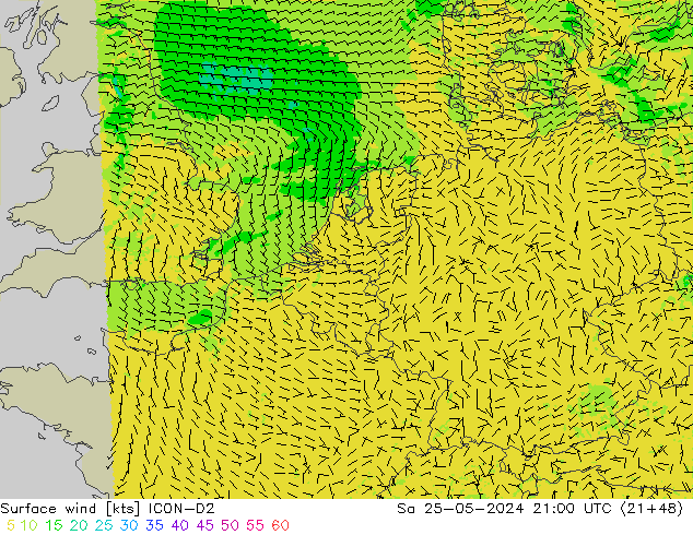 Surface wind ICON-D2 Sa 25.05.2024 21 UTC