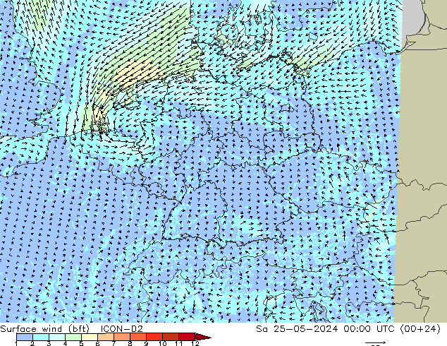 Rüzgar 10 m (bft) ICON-D2 Cts 25.05.2024 00 UTC