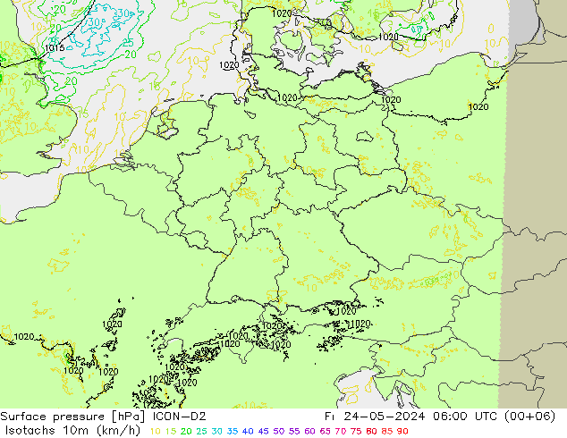 10米等风速线 (kph) ICON-D2 星期五 24.05.2024 06 UTC