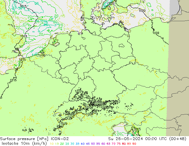 Isotachs (kph) ICON-D2 Ne 26.05.2024 00 UTC