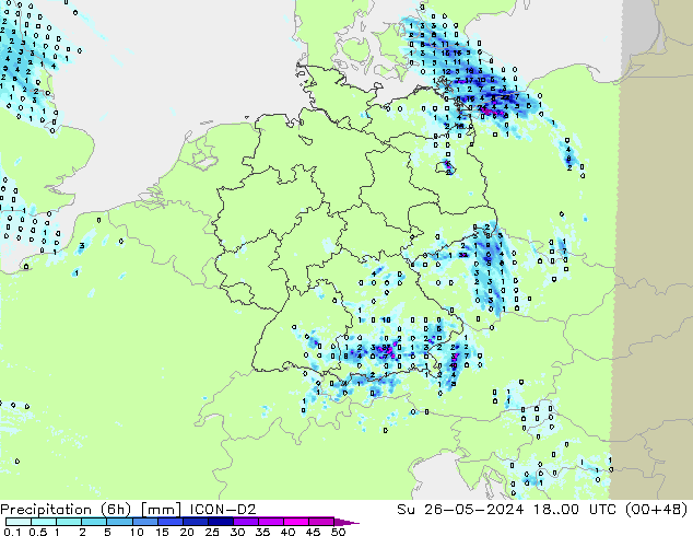 Precipitation (6h) ICON-D2 Su 26.05.2024 00 UTC