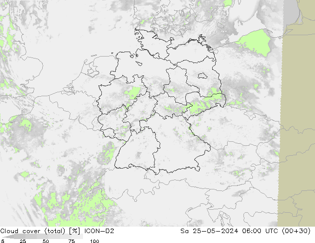 Cloud cover (total) ICON-D2 Sa 25.05.2024 06 UTC