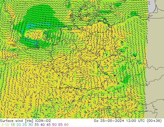 Vento 10 m ICON-D2 Sáb 25.05.2024 12 UTC