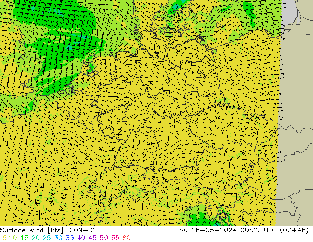 Wind 10 m ICON-D2 zo 26.05.2024 00 UTC