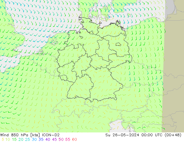 Vent 850 hPa ICON-D2 dim 26.05.2024 00 UTC