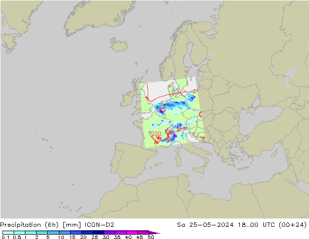 Precipitation (6h) ICON-D2 Sa 25.05.2024 00 UTC