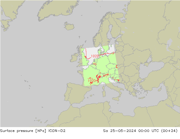 Presión superficial ICON-D2 sáb 25.05.2024 00 UTC